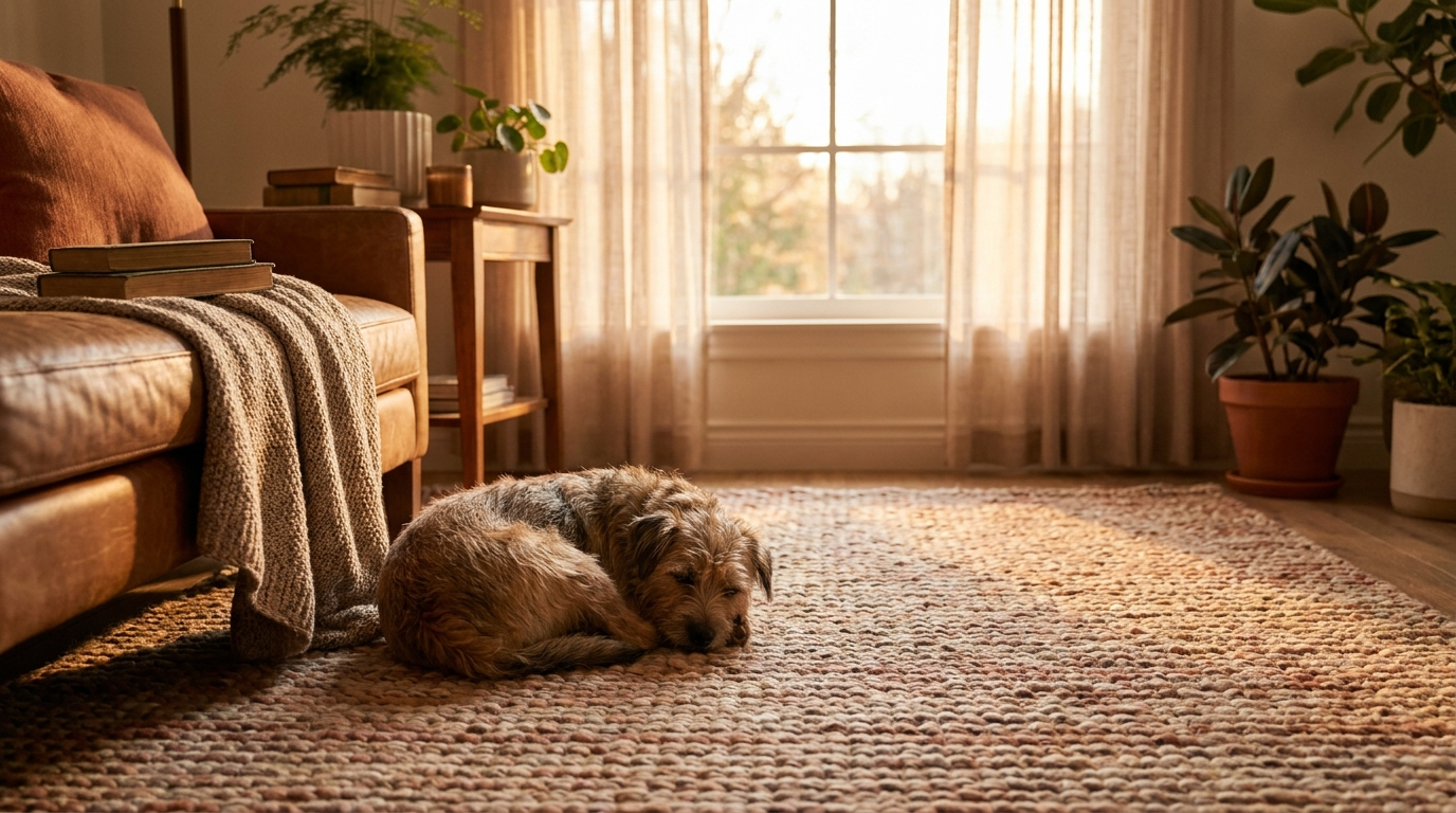A small dog curled up sleeping peacefully in a cozy sunlit living room corner