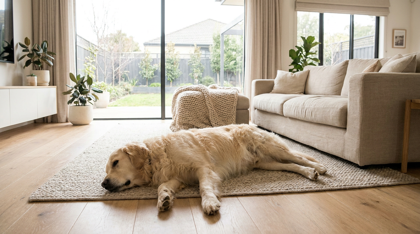 A large dog relaxing on the floor of a spacious bright living room