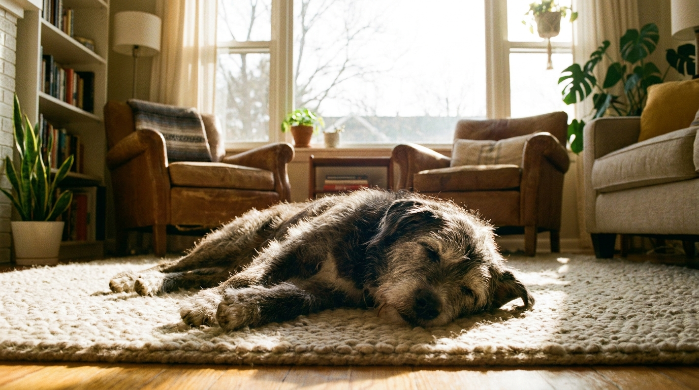 A senior dog resting peacefully on a soft rug in a warm sunlit room