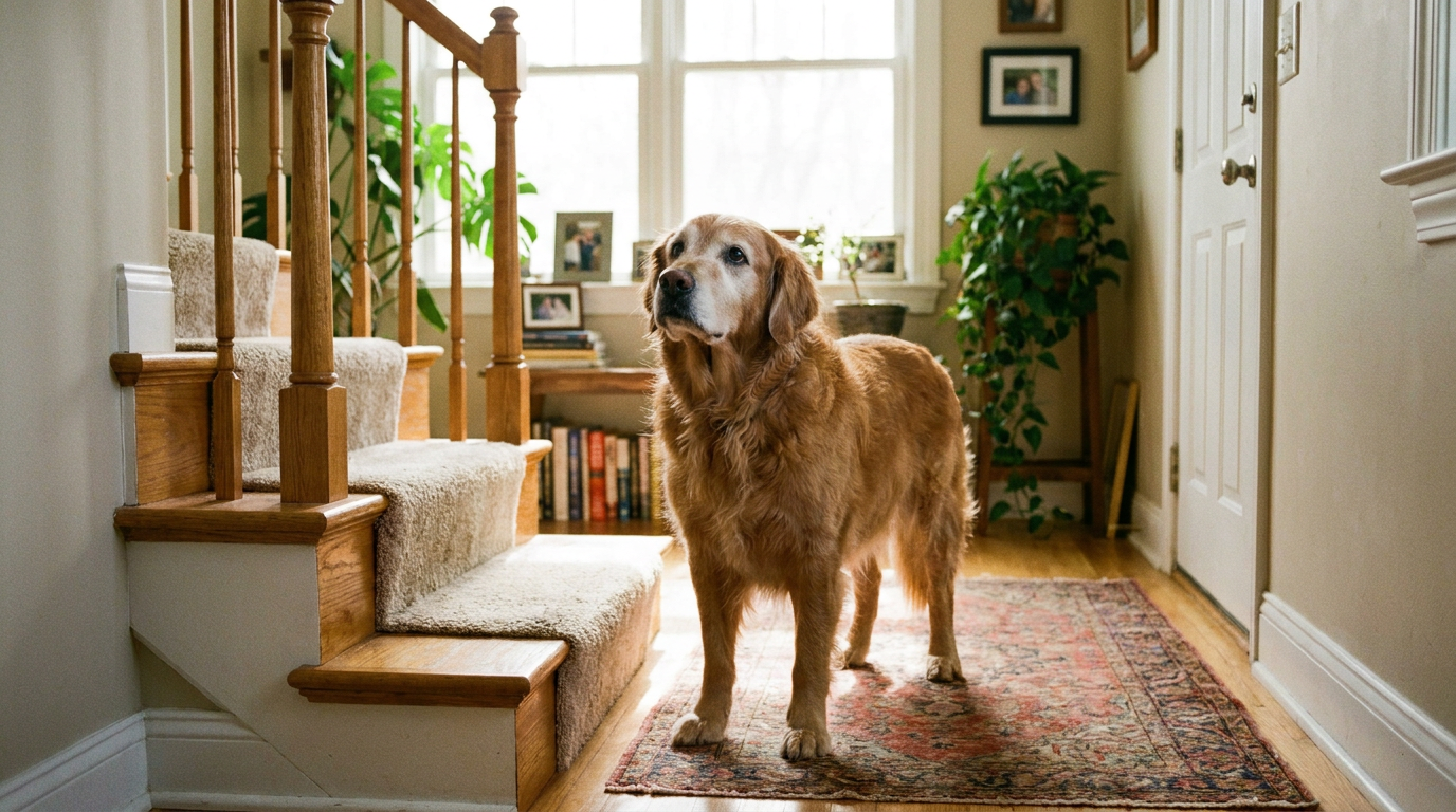 A senior dog standing at the bottom of home stairs in a bright hallway
