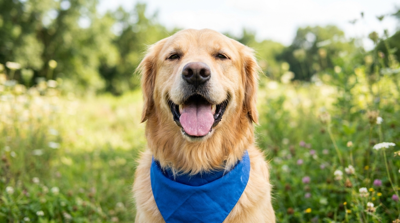 A cheerful happy dog with a bright smile outdoors in fresh daylight
