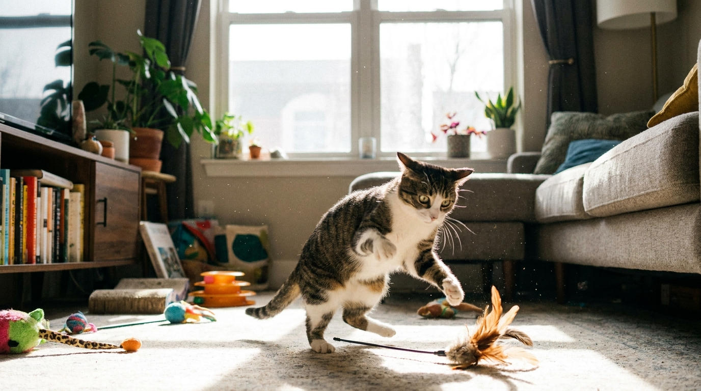 A playful cat mid-pounce on a living room floor in a sunny room