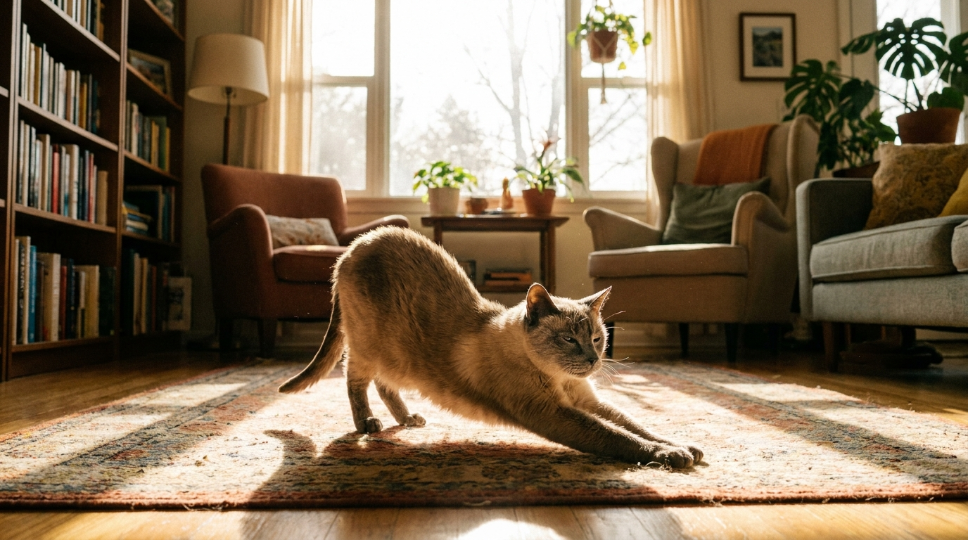 An elegant senior cat stretching gracefully in a sunlit home