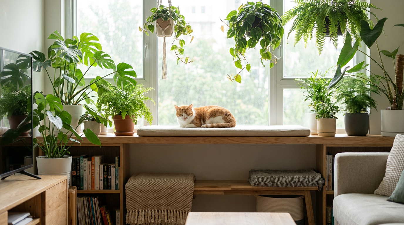 A content cat perched looking out a bright window with houseplants