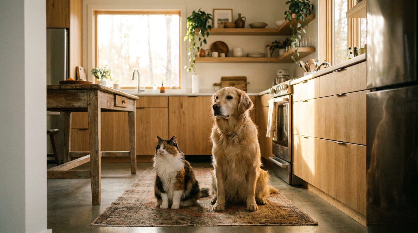 A dog and cat waiting together in a cozy modern kitchen in morning light