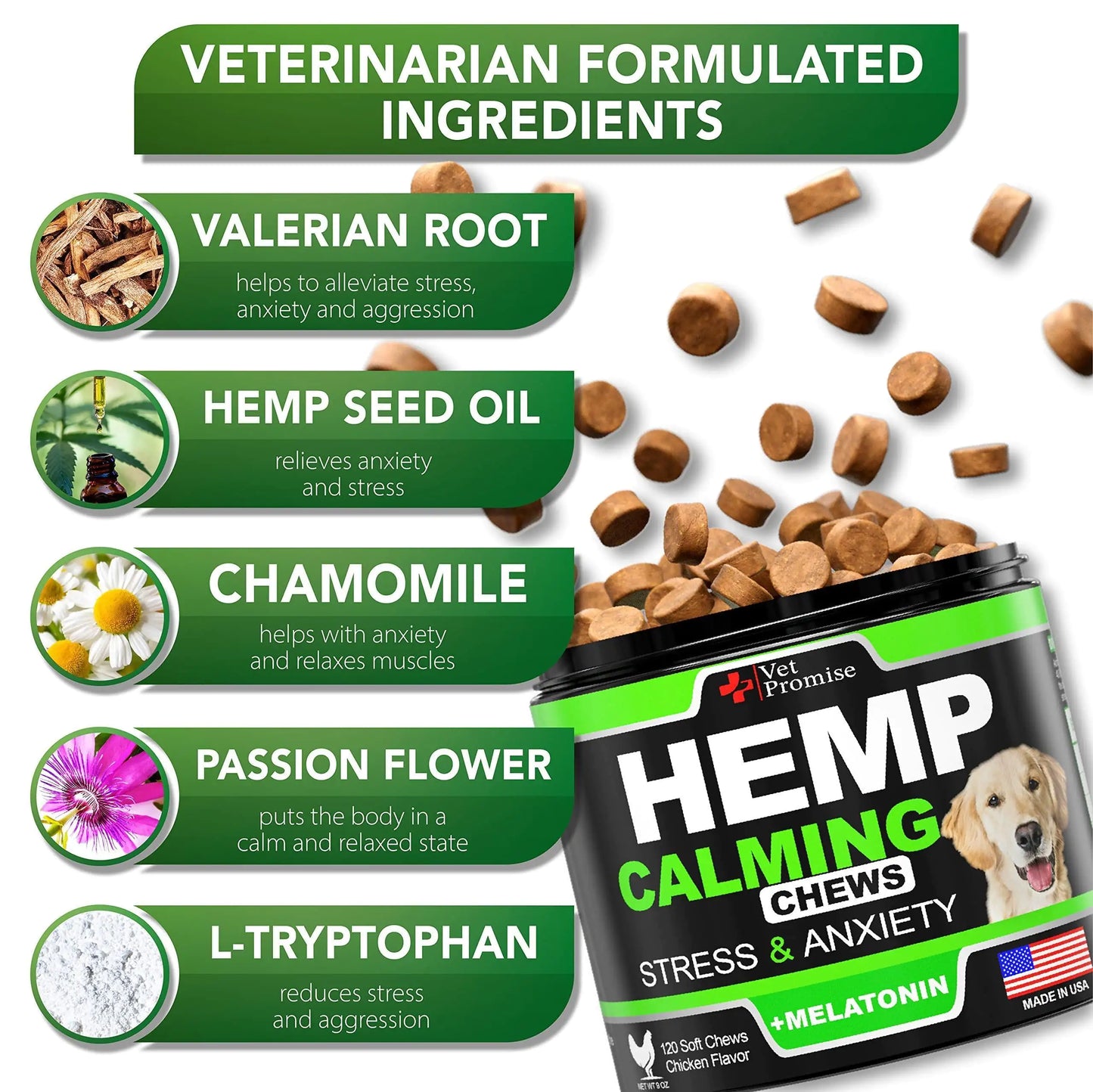 Hemp calming chews for dogs 120ct USA vet formulated