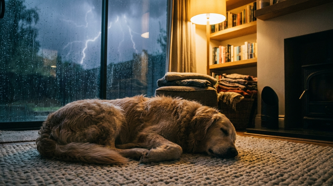 A calm dog resting peacefully beside a rain-streaked window during a thunderstorm