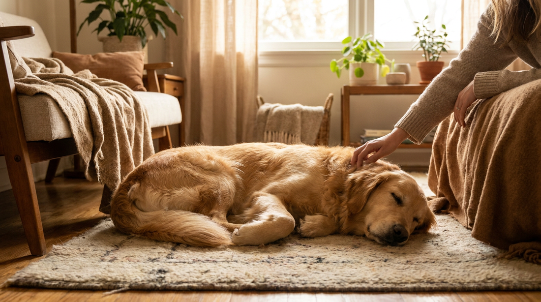 A person gently petting a relaxed calm dog in a sunlit living room