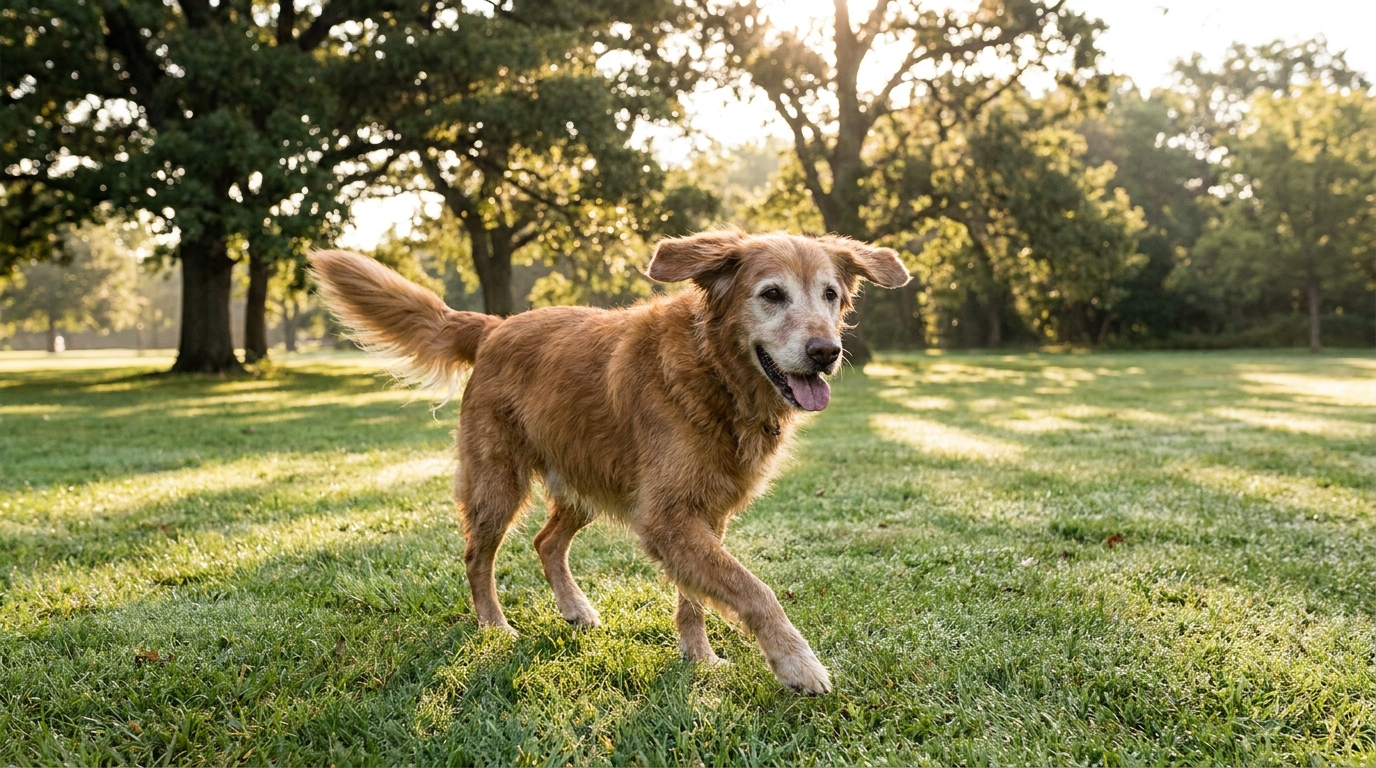 A happy active older dog trotting across a green park in morning light