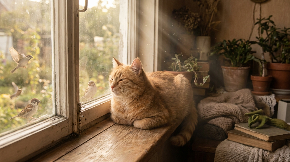 A content cat basking in warm sunlight on a windowsill looking outside