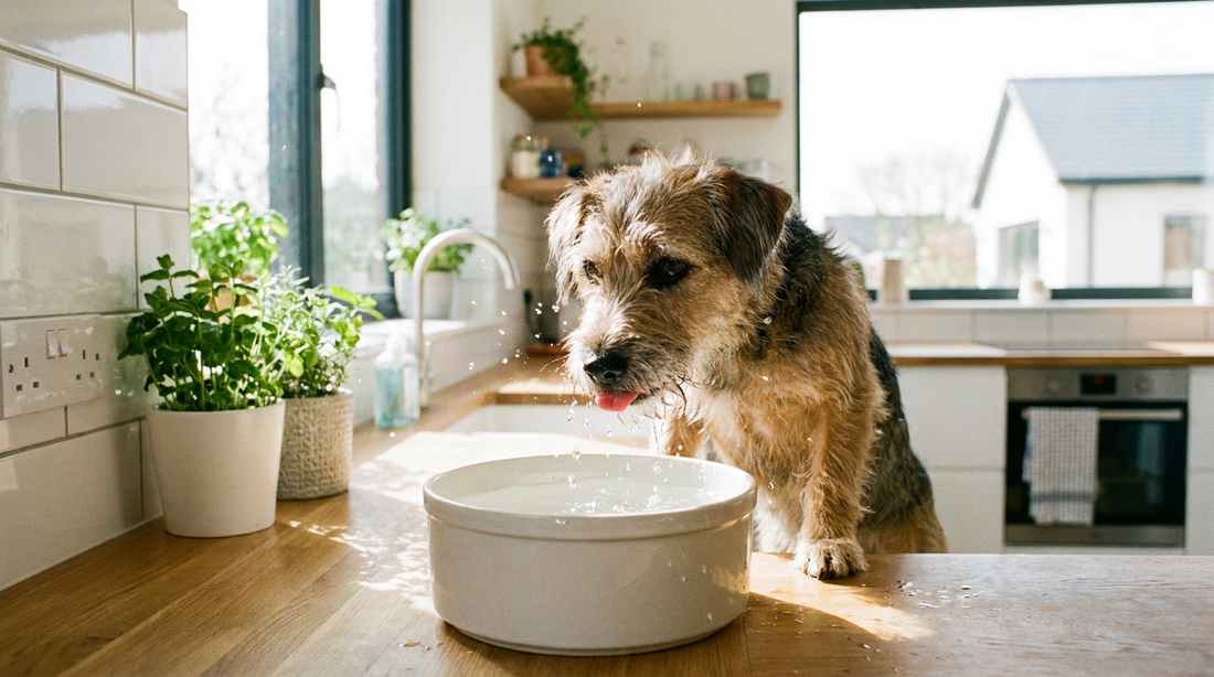 A dog drinking fresh water in a bright clean kitchen
