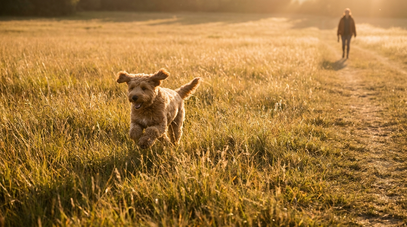 A dog running joyfully through an open grassy field at sunset