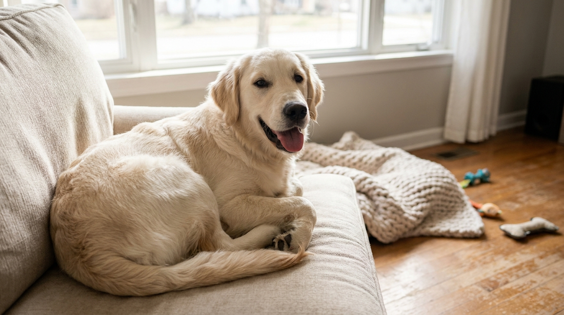 A fluffy freshly groomed happy dog with soft clean fur in a bright home