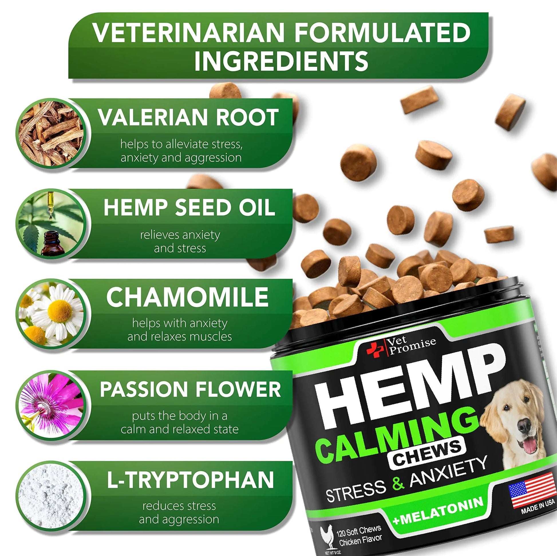 Hemp calming chews for dogs 120ct USA vet formulated