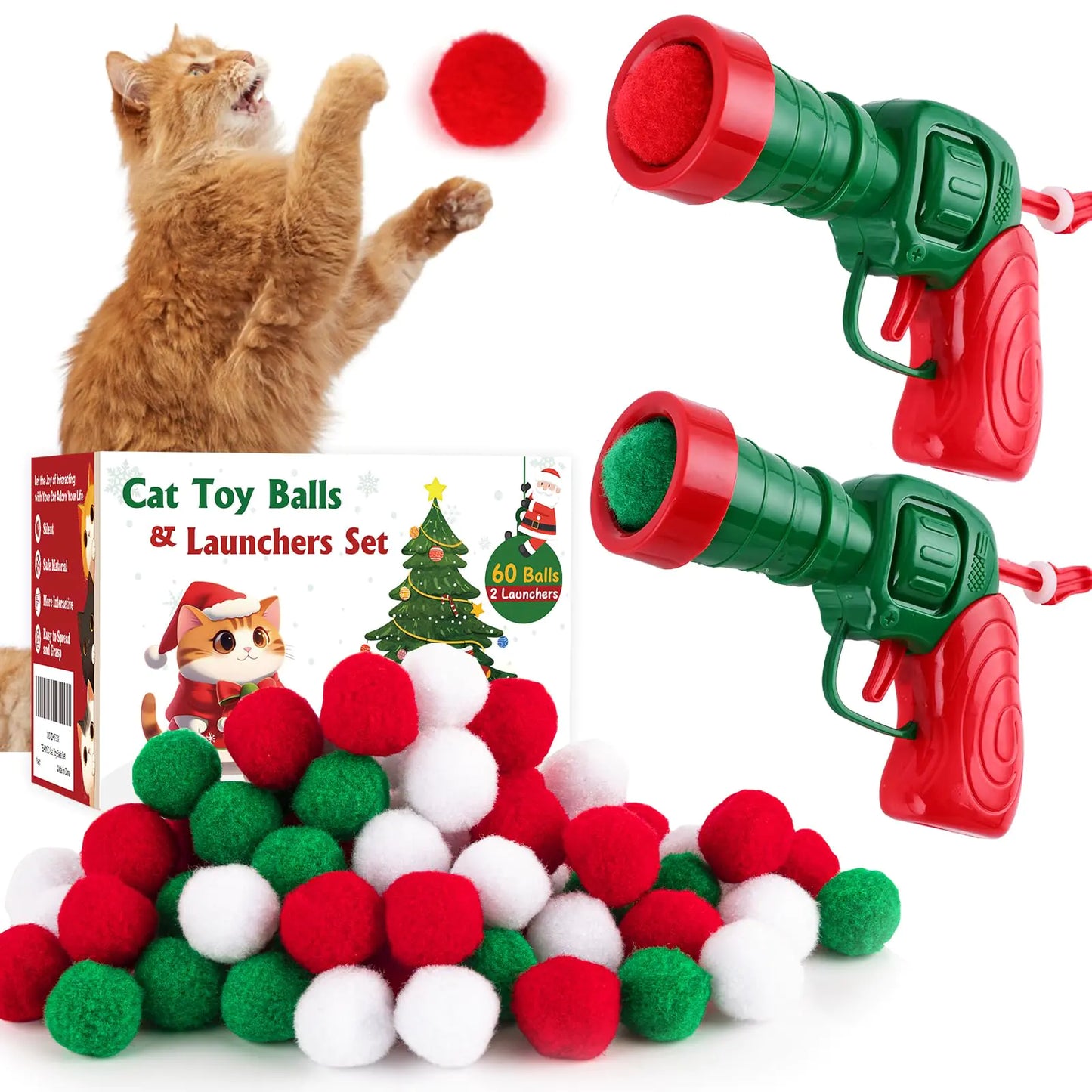 TEAWOO cat toy ball launcher set 2 launchers 60 pom pom balls