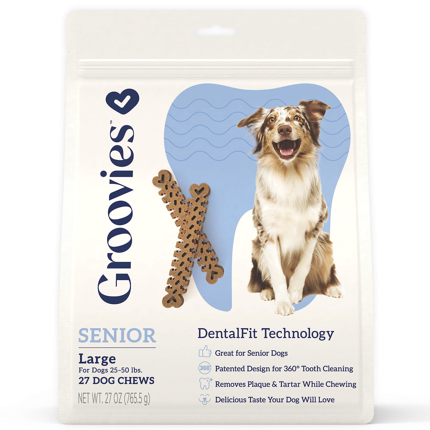 Senior Dog Dental Chews — GROOVIES Plaque & Tartar Control (Large, 27 Chews)