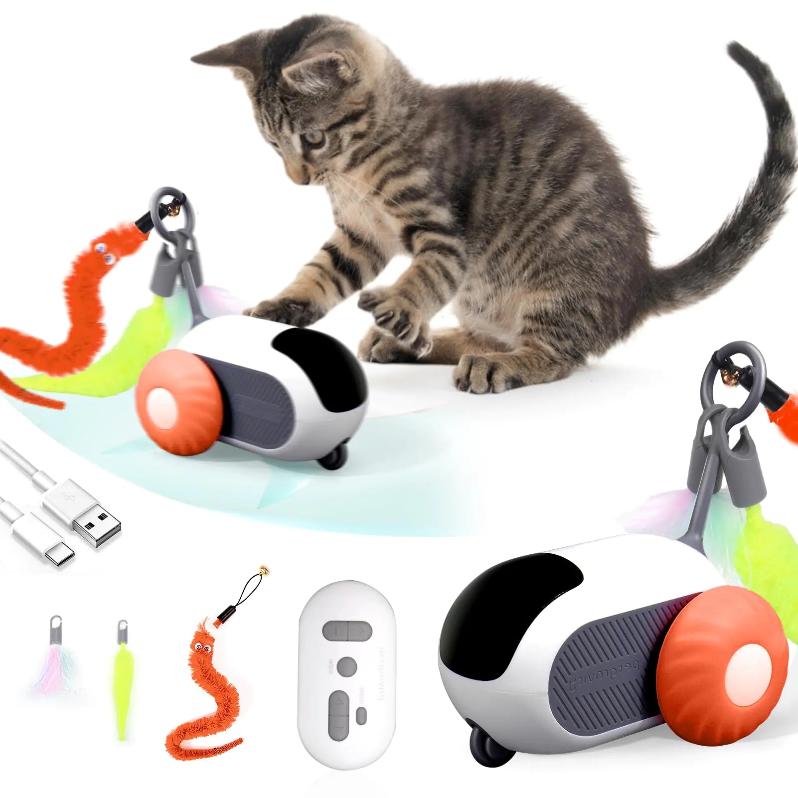 BABORUI remote control cat toy car 2-speed feather enrichment