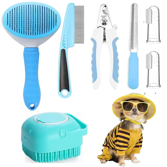 Qubccum 7pc pet grooming kit self-cleaning slicker brush nail clipper finger toothbrush