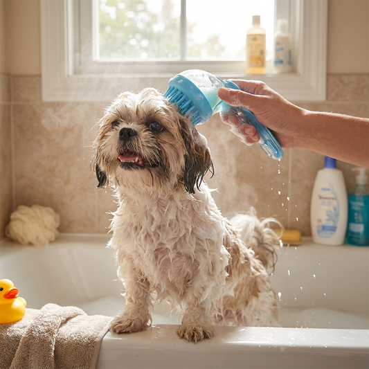 Dog Bath & Shampoo Brush Combo — Silicone Massage Scrubber with Built-In Shampoo Dispenser